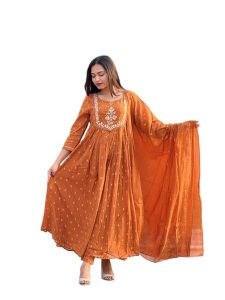 Women's Cotton Embroidery Anarkali Kurti and Pant with Dupatta Set