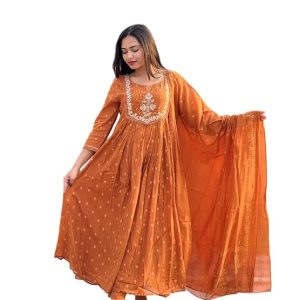 Women's Cotton Embroidery Anarkali Kurti and Pant with Dupatta Set